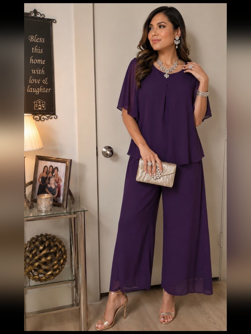 Elegant Purple Wide-Leg Chiffon Top & Pant Set